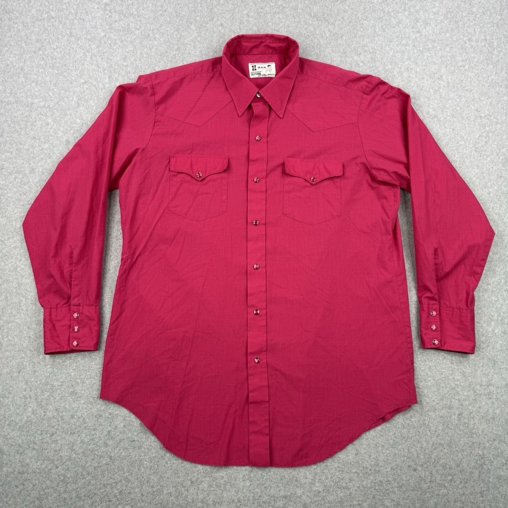 Vintage H Bar C Shirt Mens 17 35 Pink Pearl Snap Long Sleeve Western Made In USA